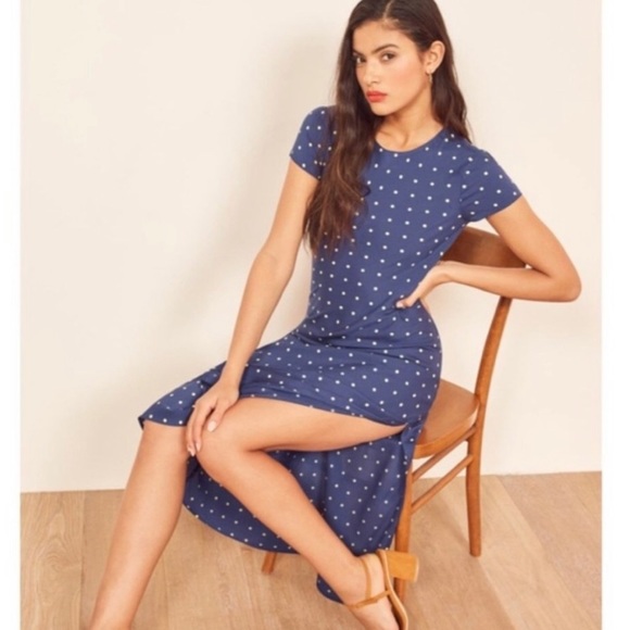 Reformation Dresses & Skirts - Reformation Jennifer navy polka dot dress.